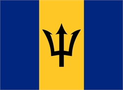 [ai] The flag of Barbados features three vertical stripes in blue, gold, and blue, with a black trident head centered on the gold stripe.